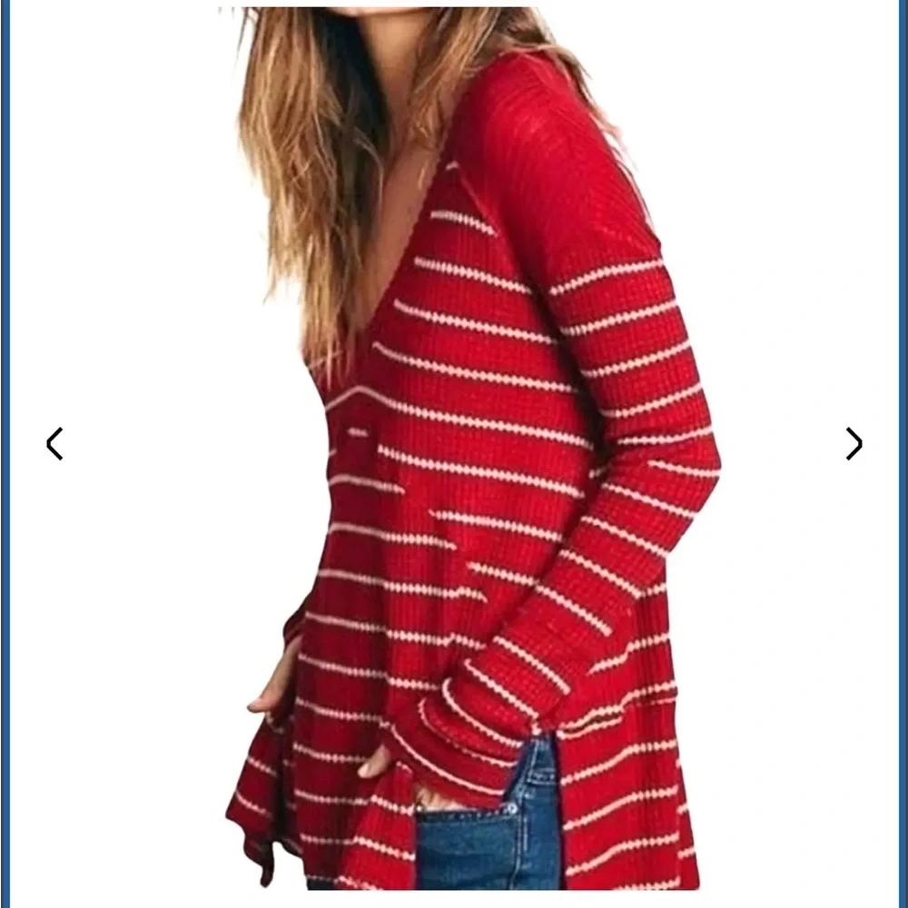 Free People Red and White Striped Long Sleeve Top